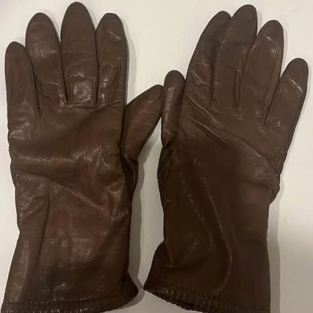 VINTAGE LEATHER LIGHT BROWN LEATHER WOOL GLOVES - SIZE 7 1/2